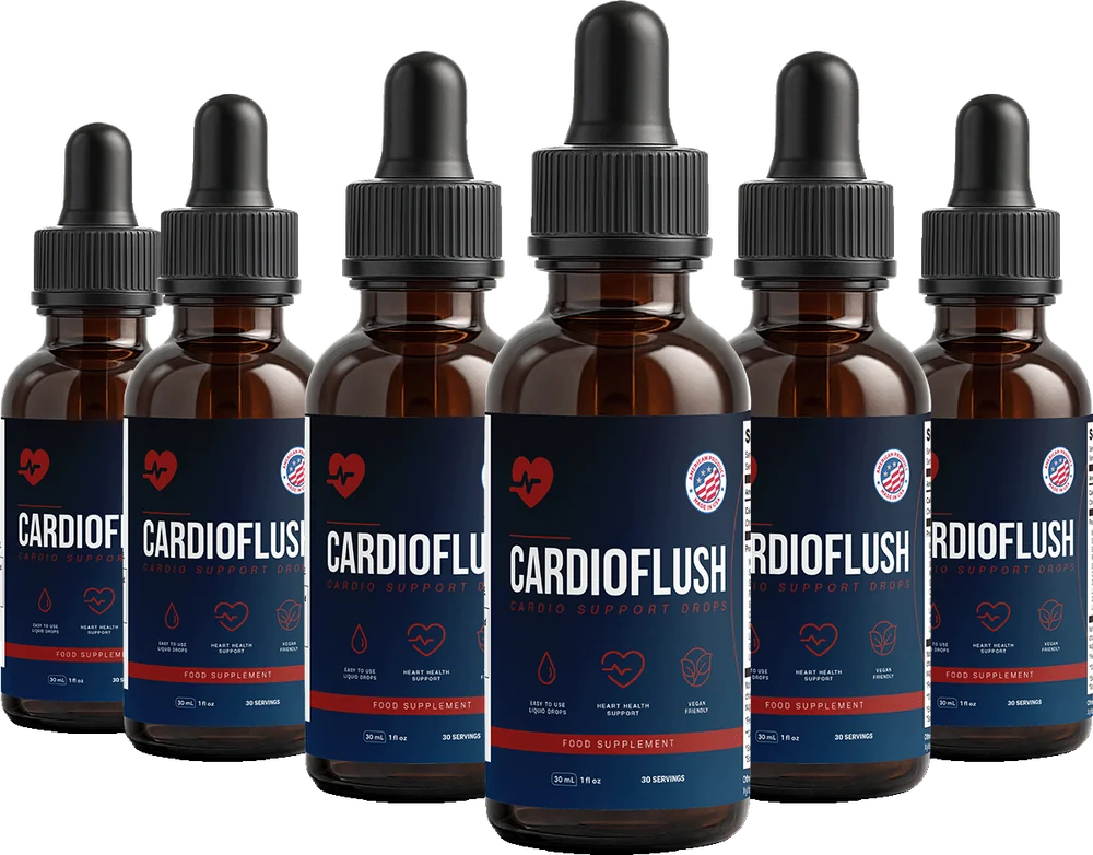 Six bottles of CardioFlush Cardio Support Drops.